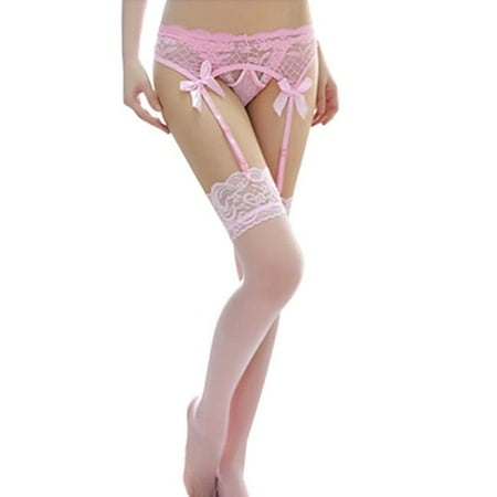 

Gaiseeis Women Lace Top Thigh-Highs Stockings & Garter Belt Suspender Set PK Pink