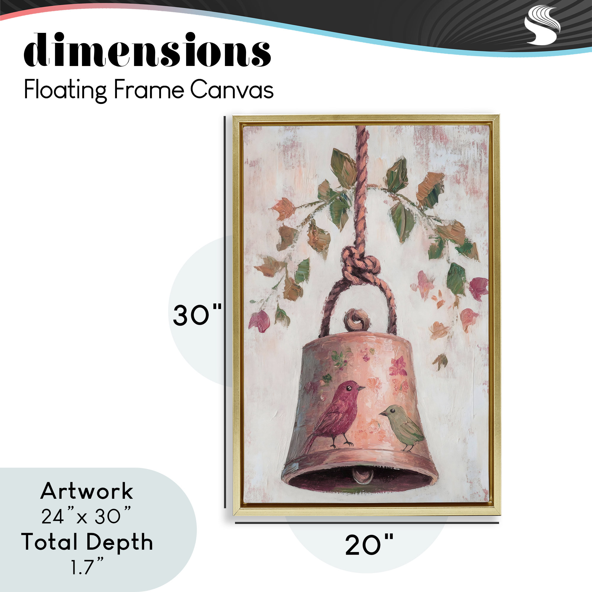 Vintage Christmas Bell Gold Framed Floater Canvas Wall Art, design by Petal Prints Design