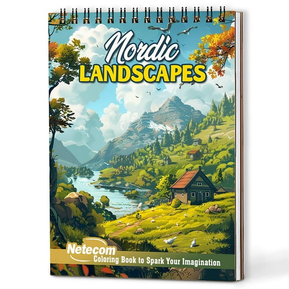 Netecom Nordic Landscape Coloring Book Spiral Bound for Adults, A5 Wooden Cover, 30 Beautiful Coloring Pages of Scandinavian Nature for Stress Relief and Relaxation