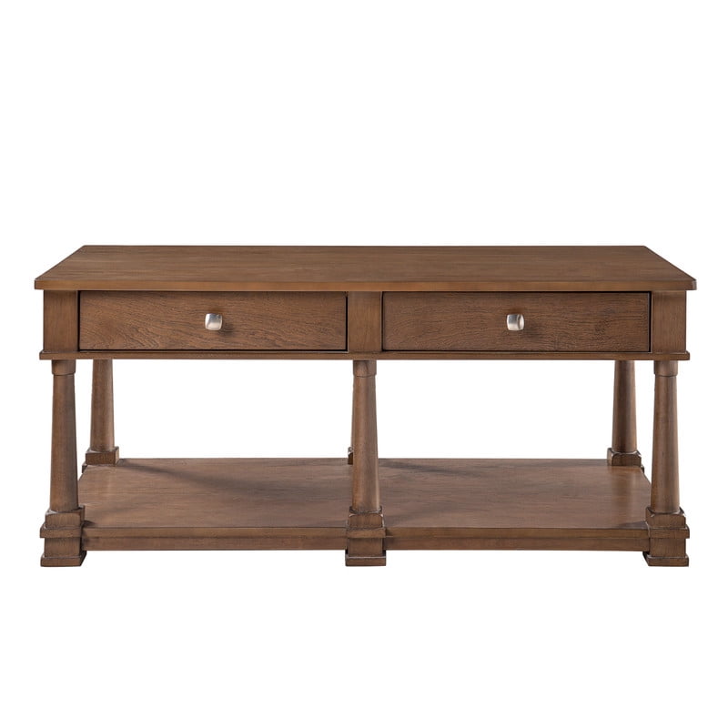 Mid-Century Modern Wood Coffee Table with 2 Storage Drawers & Open Shelf, Rectangular Cocktail End Table with Solid Wood Legs
