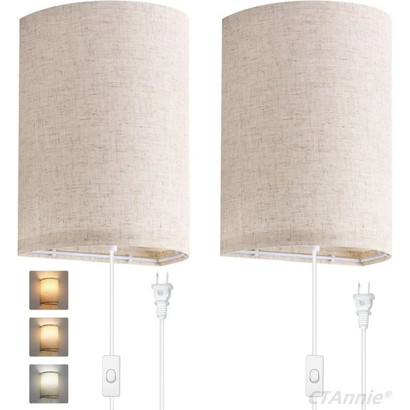 CTAnnie Wall Sconces Set of Two, Wall Lamp Plug in with On/Off Switch, 2700K 4000K 5000K Selectable, Wall Lights for Bedroom, Living Room, Wall Decor for Bedroom, Fabric Linen Lamp Shades