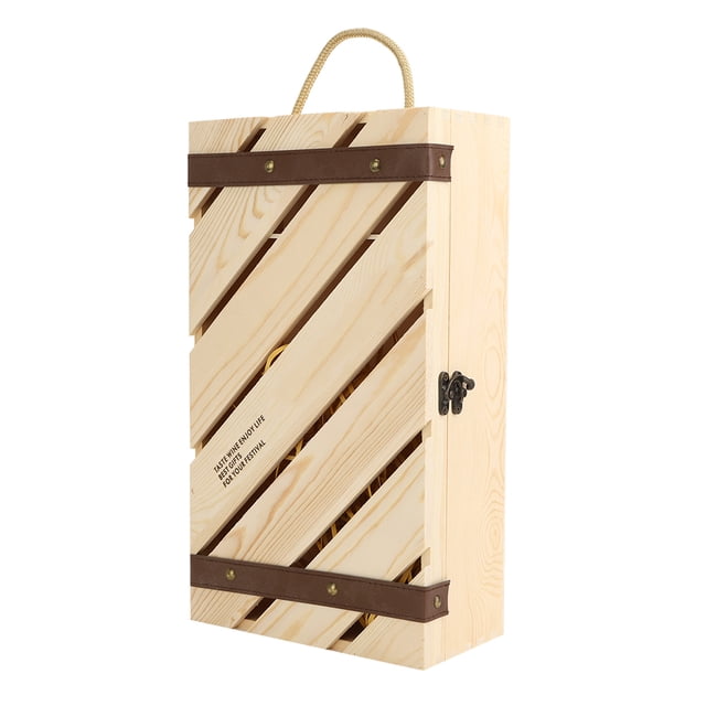 Caja de vino tinto de madera con barra inclinada, soporte para regalo de vino con asa y cuerda para 2 botellas de vino
