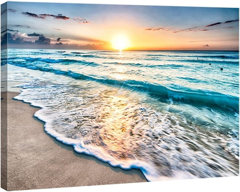 Sea Waves Canvas Wall Art - Large Ocean Beach Print, Stretched & Framed Seascape Giclee Artwork, Ready to Hang for Living Room, Bedroom & Coastal Home Decor