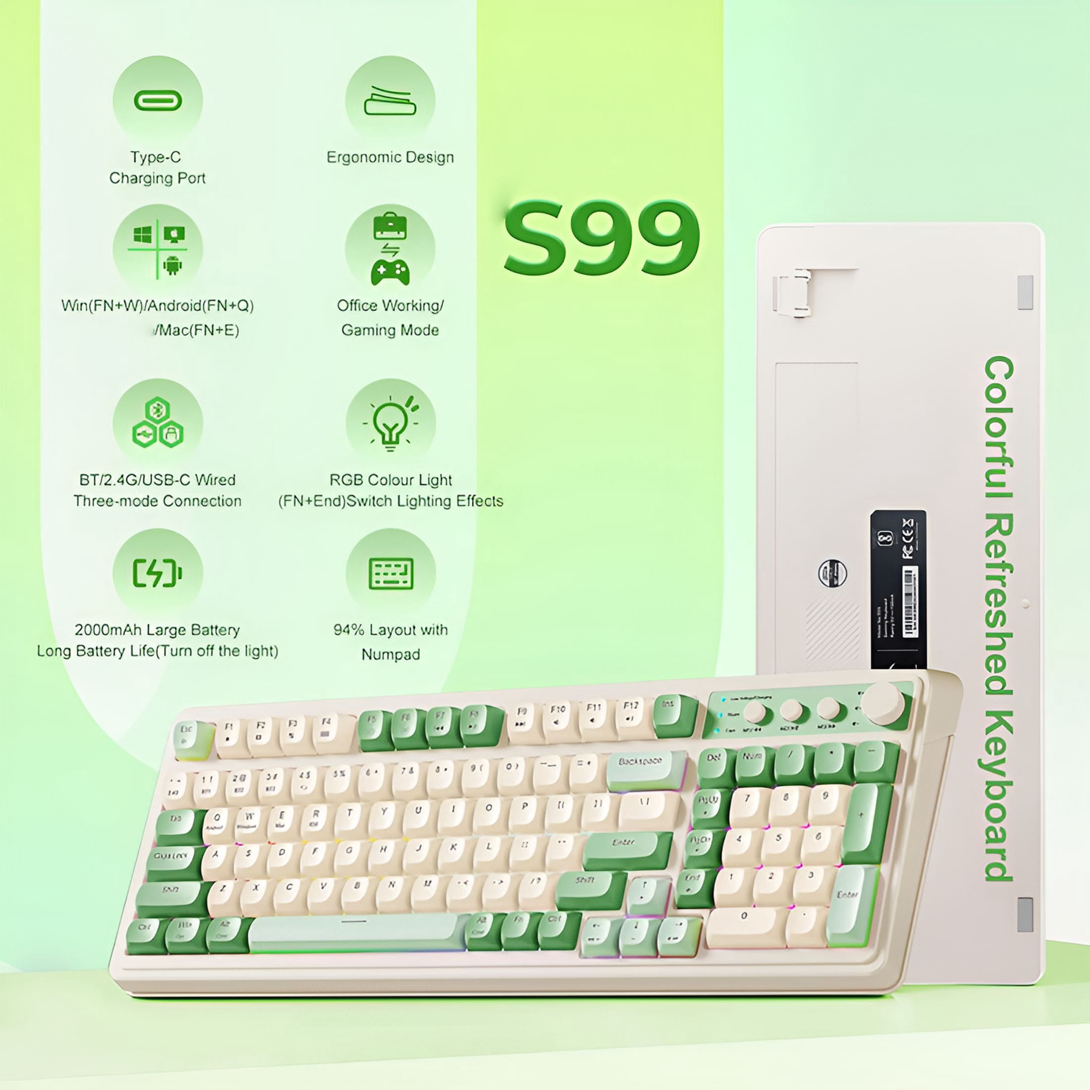 GJX Gaming Keyboard, Wireless Computer Keyboards, Tri-Mode Bluetooth/2.4Ghz/Usb-C Custom Creamy Keyboard with Number Pad, Rgb Backlit Media Knob Programmable Keyboard for Pc Gamer - Green
