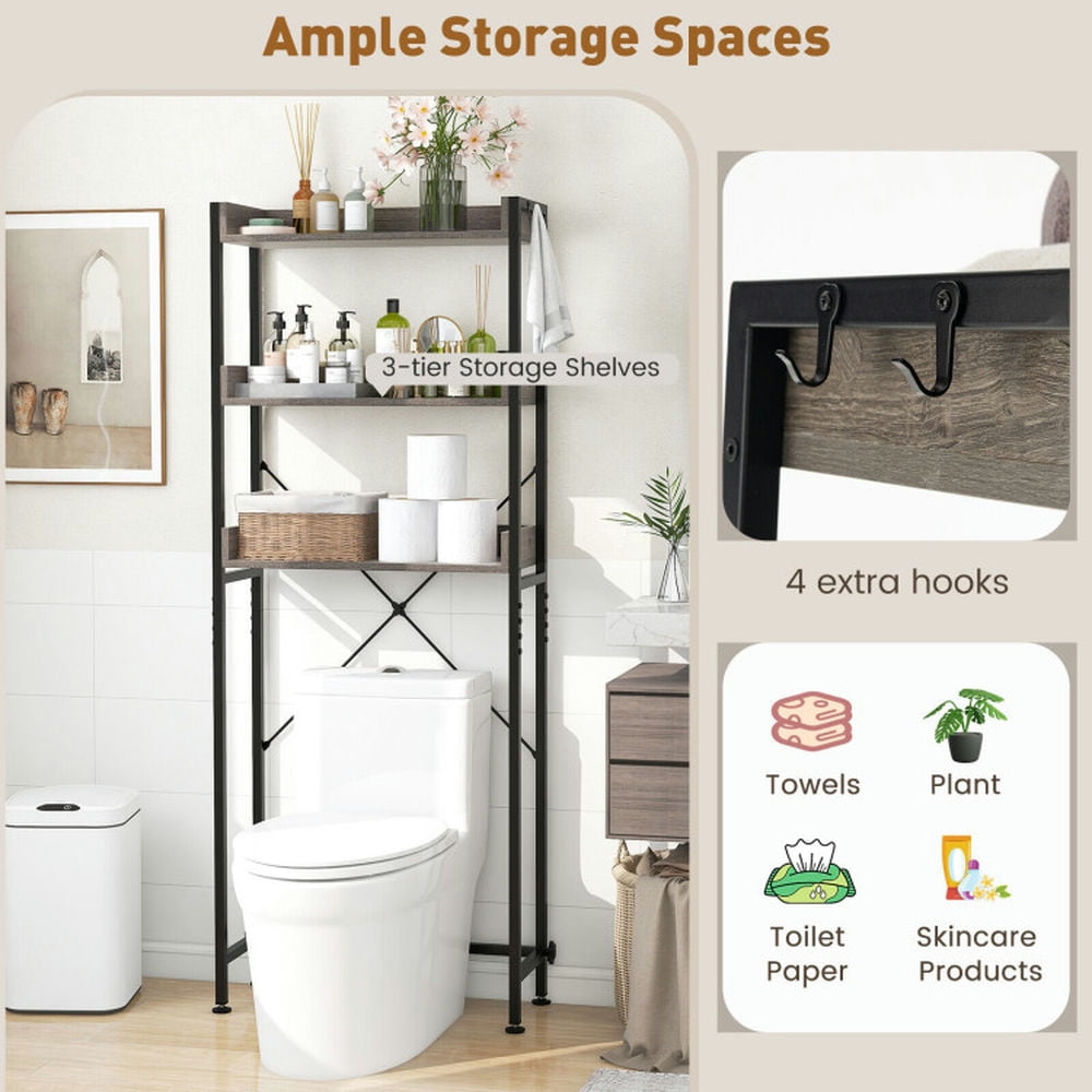 Finihen Toilet Storage Rack, Toilet Storage Shelf, Over The Toilet Storage Rack with Hooks and Adjustable Bottom Bar, for Bathroom, Gray