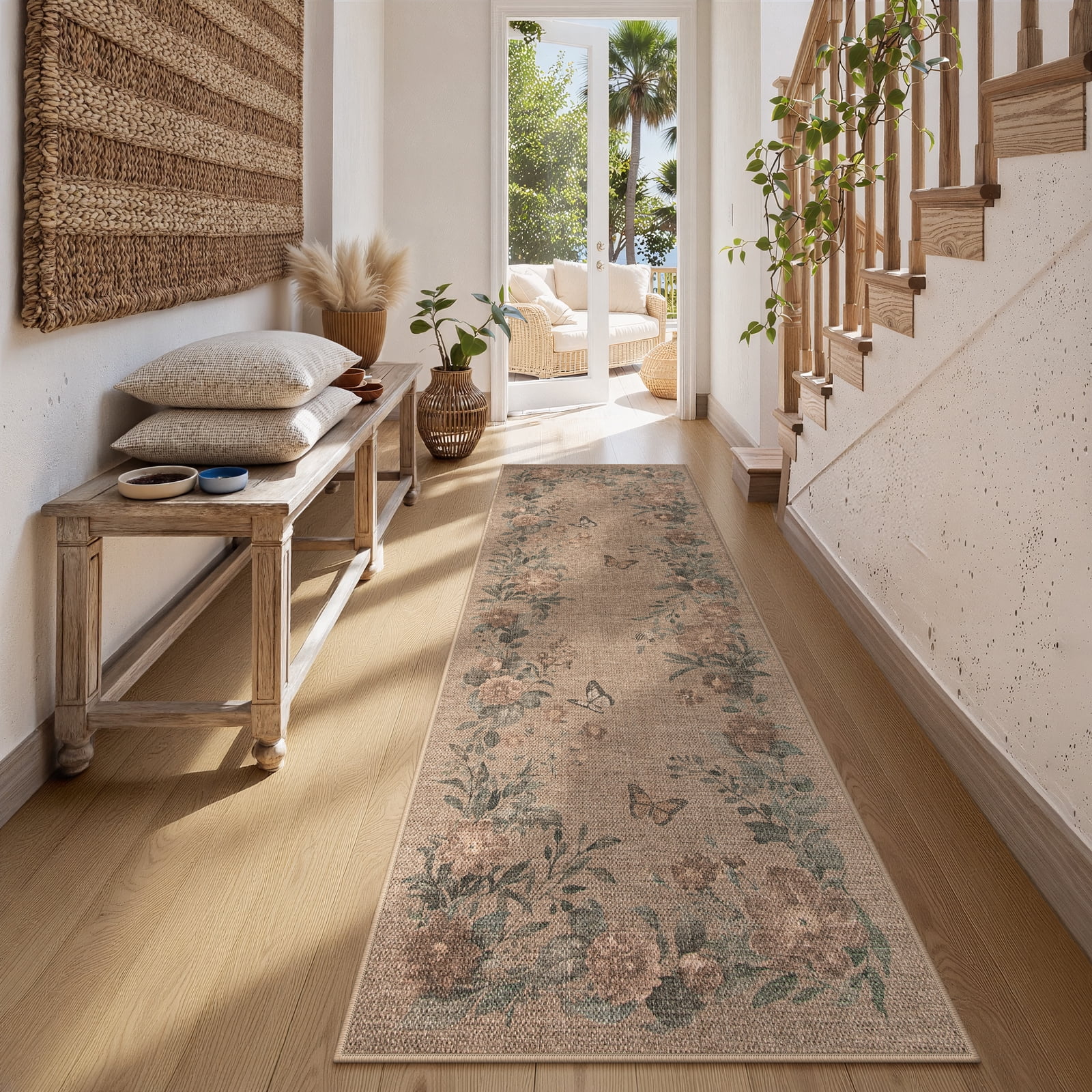 SUNDEREY 2'6"x8' Floral Easy Jute Kitchen Rug,Runner Rugs 2.6x8ft Hallway Easy Jute Rug,Non Slip Washable Rug,Soft Non-Slip Khaki Indoor Carpet for Entryway Laundry Bedroom,Butterfly&Fleur