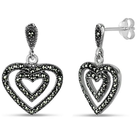 Swarovski Marcasite Sterling Silver Oxidized Double Heart Drop Earrings
