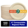 ECO SOUL 100% Compostable 9 Inch Bagasse Paper Plates, 100 counts | Heavy-Duty Disposable Plates | Eco-Friendly Made of Sugarcane Fibers-Natural Unbleached Biodegradable Plates