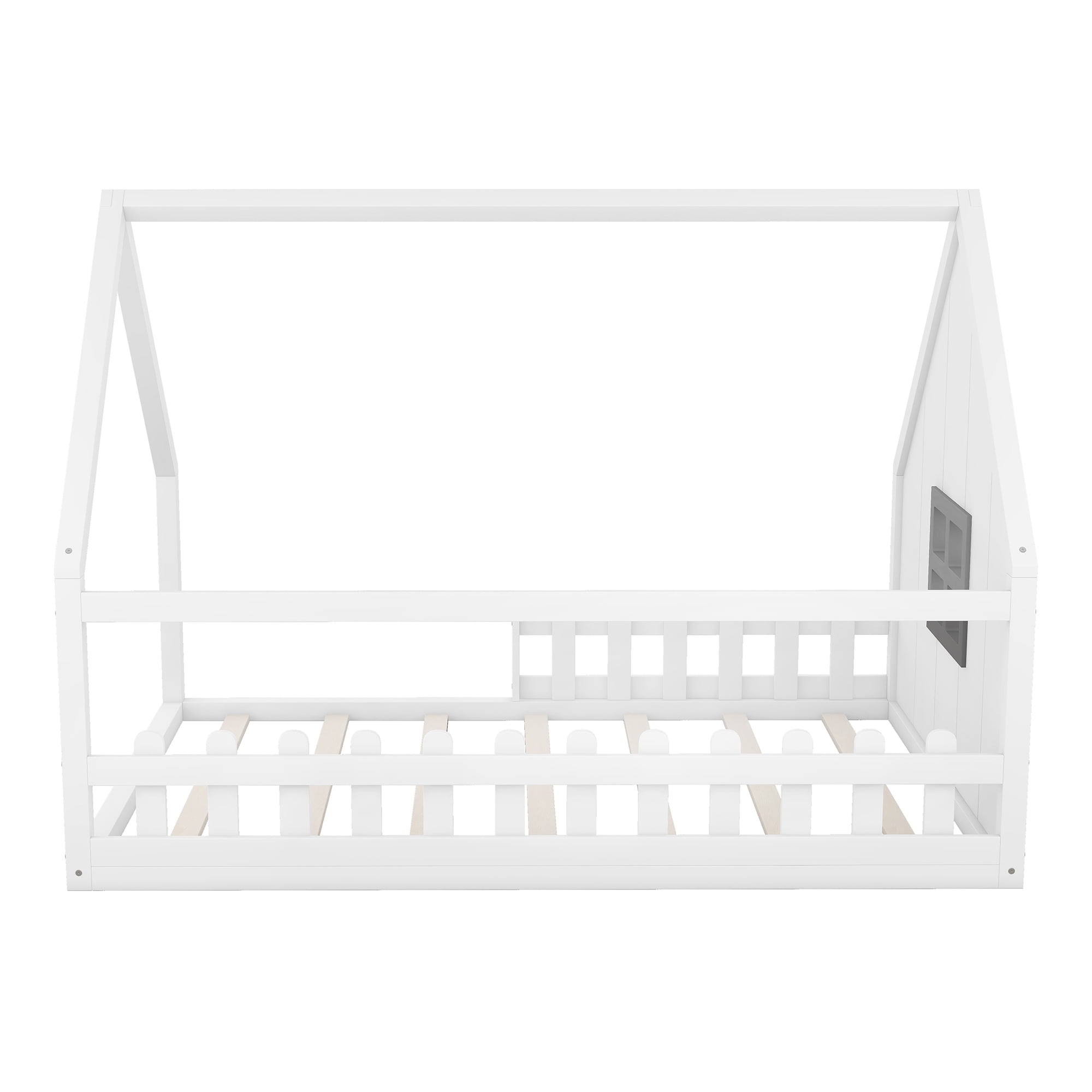 Bellemave House Bed Full Size Floor Bed with Fence Railings and Window, Wooden Montessori Floor Bed,Full Size Bed Frame,White