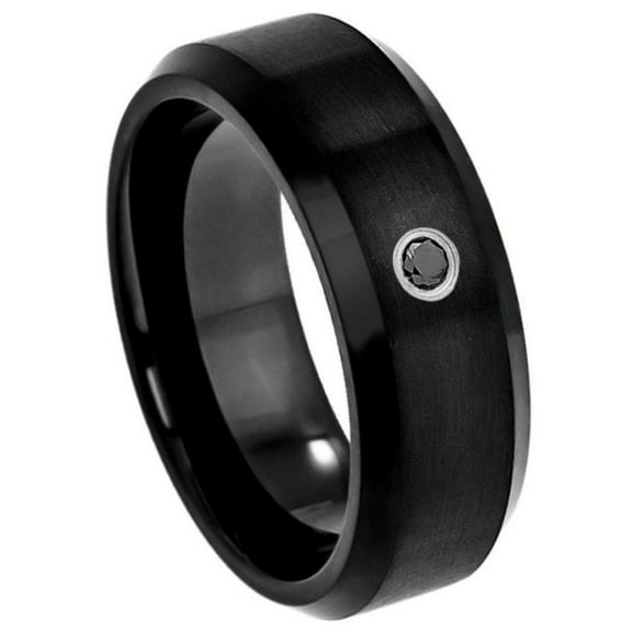Custom Personalized Engraving Wedding Band Ring Set for Him & Her - 8mm Black IP Plated Brushed Finish