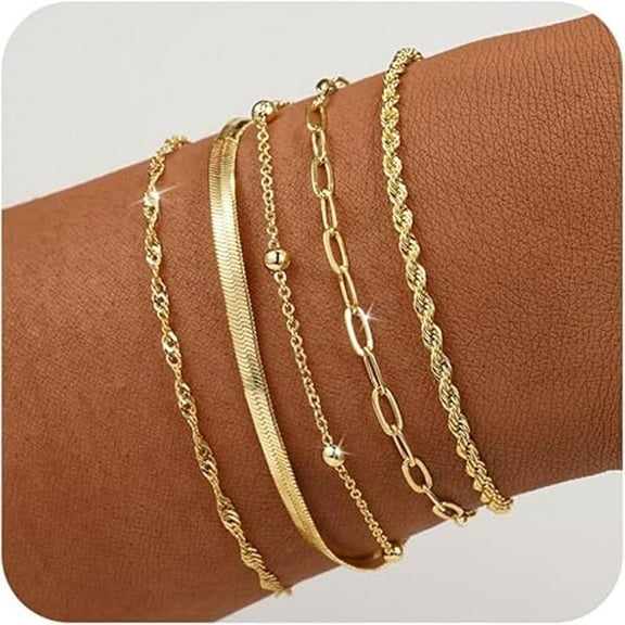 5PCS Gold Bracelet Stack -Beaded Bracelets For Women Trendy, Fashion Accessories, Gold Plated Jewelry Set & Perfect Gifts For Women - 6.5 Inches with 2-Inch Extender