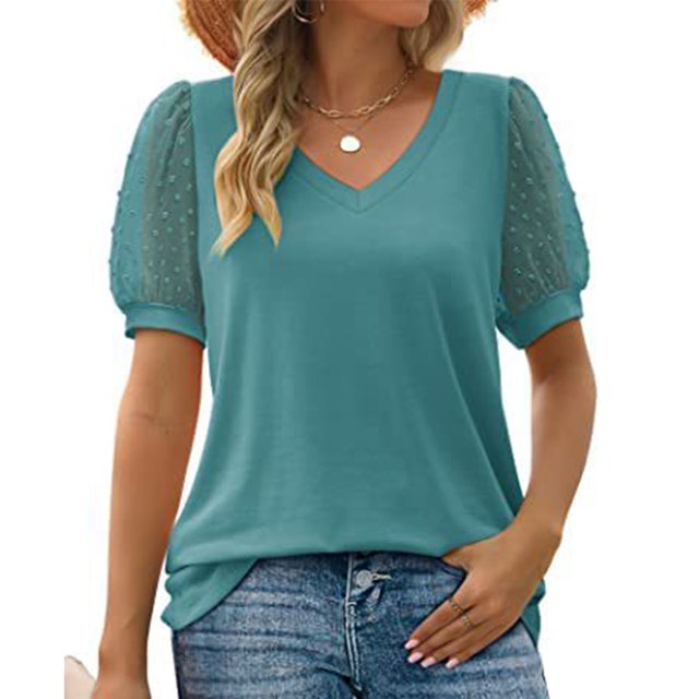 Camisas de manga corta con cuello en V para mujer, moda de verano, Color puro, blusa informal holgada de manga corta para mujer, verde XL