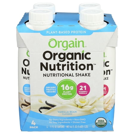 Orgain Organic Nutrition Sweet Vanilla Bean Protein Shake, 11 Fluid Ounce - 4 count per pack -- 3 packs per case.