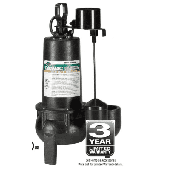 DuraMAC 5050CVSJ Submersible Sewage Pump 1/2 HP 120V Cast Iron with Vertical Float Switch – 80 GPM, 2 in Discharge, Handles 2 in Solids – Model 5050CVSJ