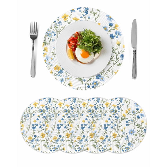 Round Placemats Wildflower 15 inch Set of 4 Table Mats for Dining Table Blue Yellow Watercolor Floral Heat Resistant Non-Slip Kitchen & Home Decorative Place Mat Set