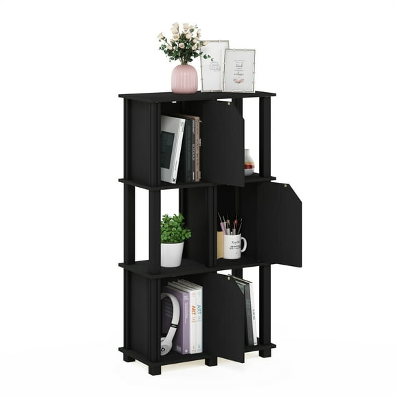 Furinno Brahms 4-Tier Storage Shelf with 3 Doors, Black Oak/Black