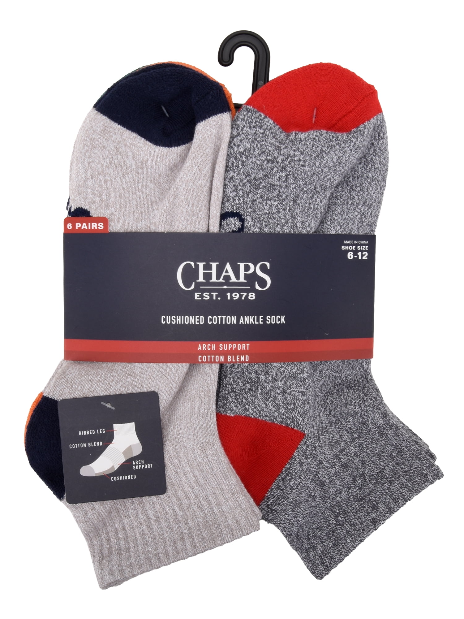 Chaps Half Cushion Ankle 6-Pack Men's, Sock Size 10-13
