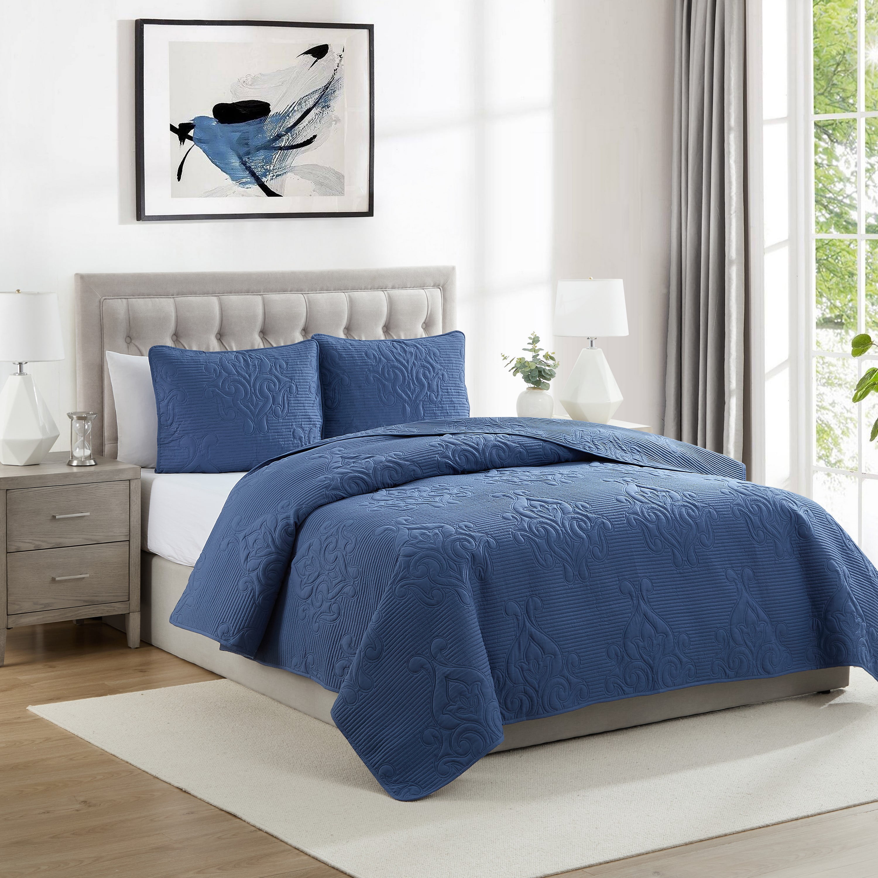 VCNY Home Solomun 3-Piece Moonlight Pinsonic Damask Quilt Set, Full/Queen, Adult, Unisex
