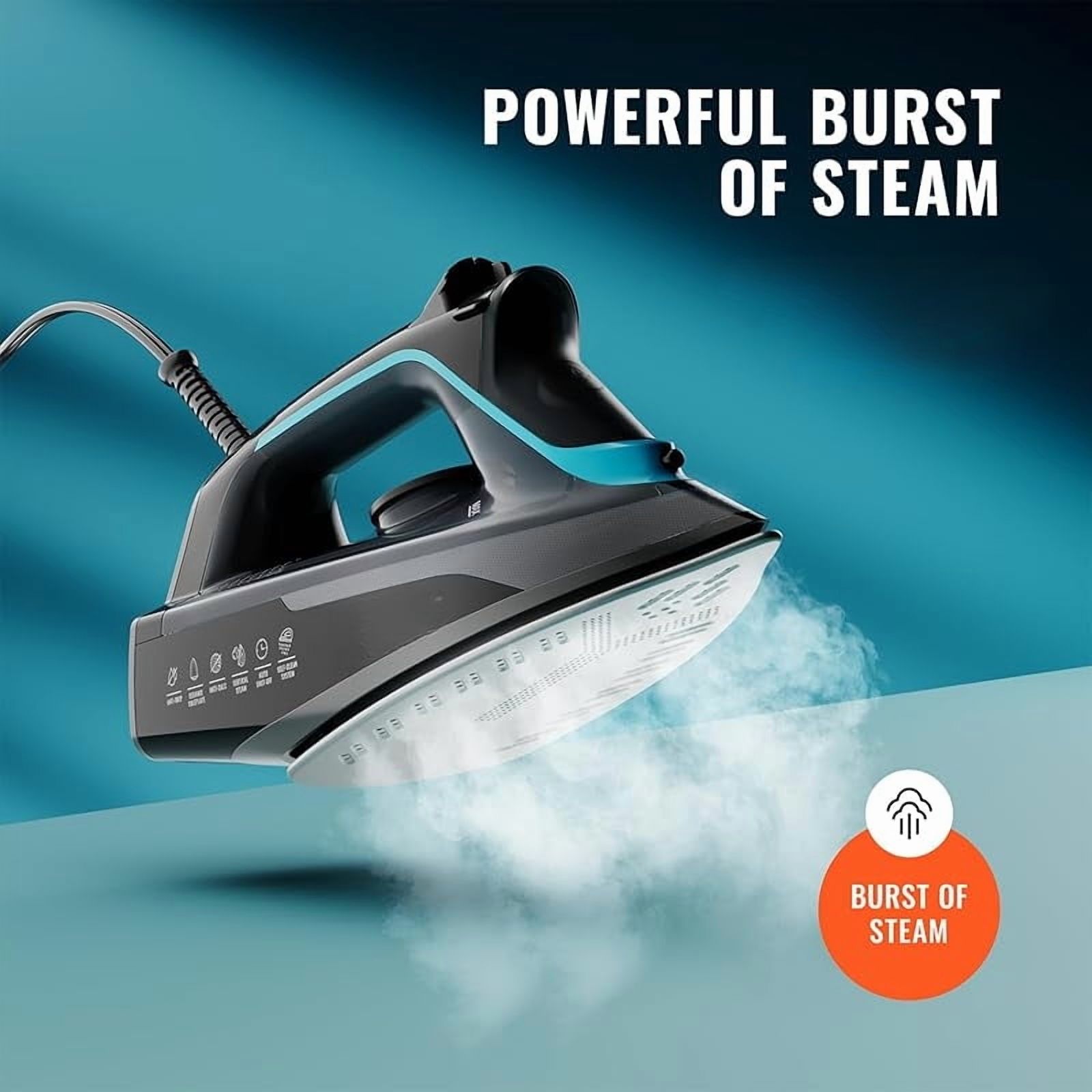 SteamBurst+ 1750W Steam Iron, Ceramic Soleplate, Adjustable Steam, Burst of Steam, Self-Clean, Anti-Calc, Anti-Drip, Powerful & Long-Lasting Steam for All Fabrics