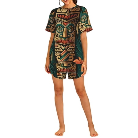 Women s 2 Piece Pajama Set Loungewear Short Sleeve Tee Top and Shorts Set Retro Hawaiian Tiki Tribal