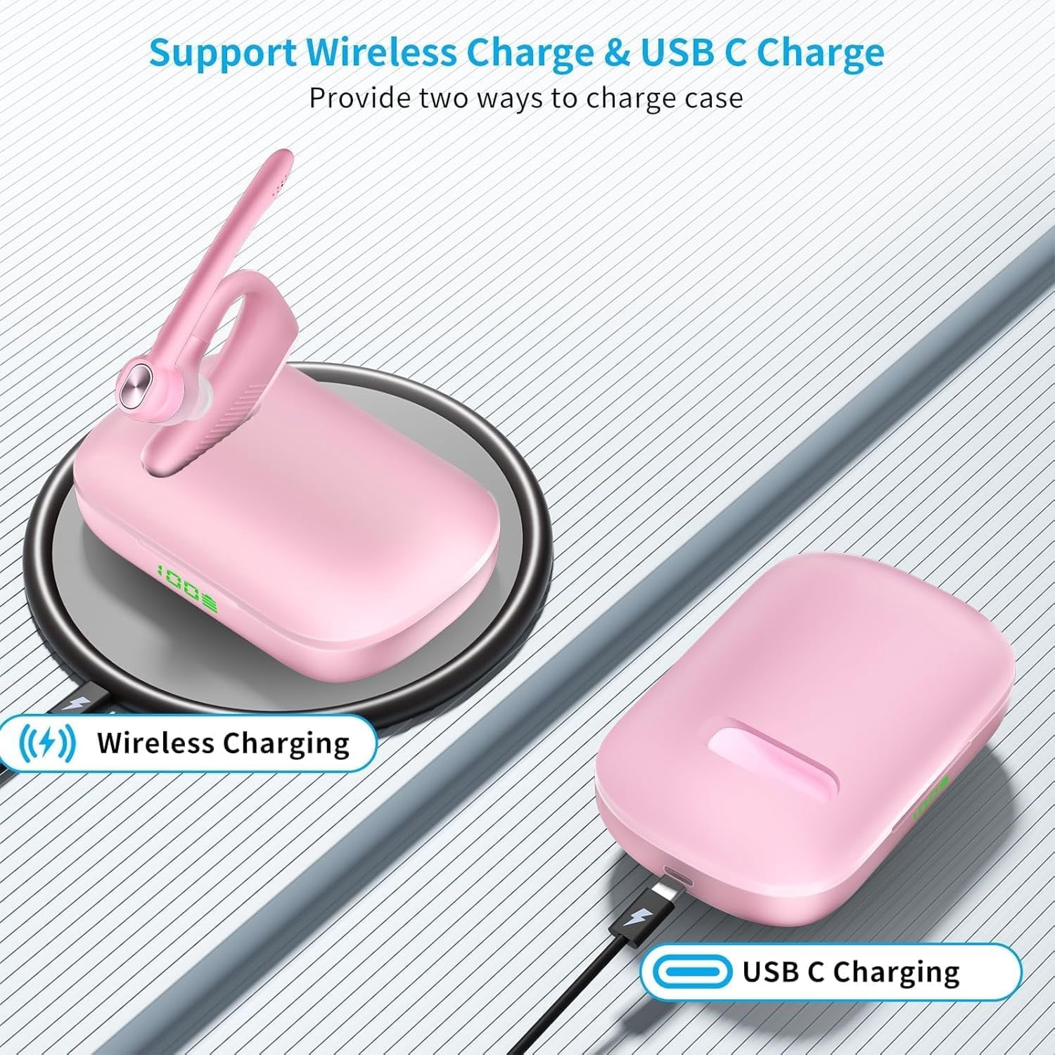 Single Ear Bluetooth Headset, 180H Playtime, 1000mAh Wireless Charging Case, LED Display, Handsfree Mic for Cellphone PC, Trucker Work Game