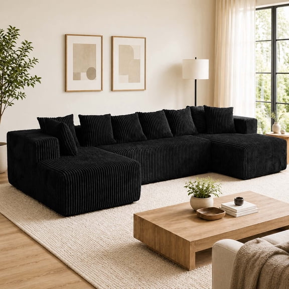 130" U Shaped Boneless Couch, Corduroy Modular Sectional Sofa with Deep Seat and 8 Pillows for Living Room, No Assembly Required, Black