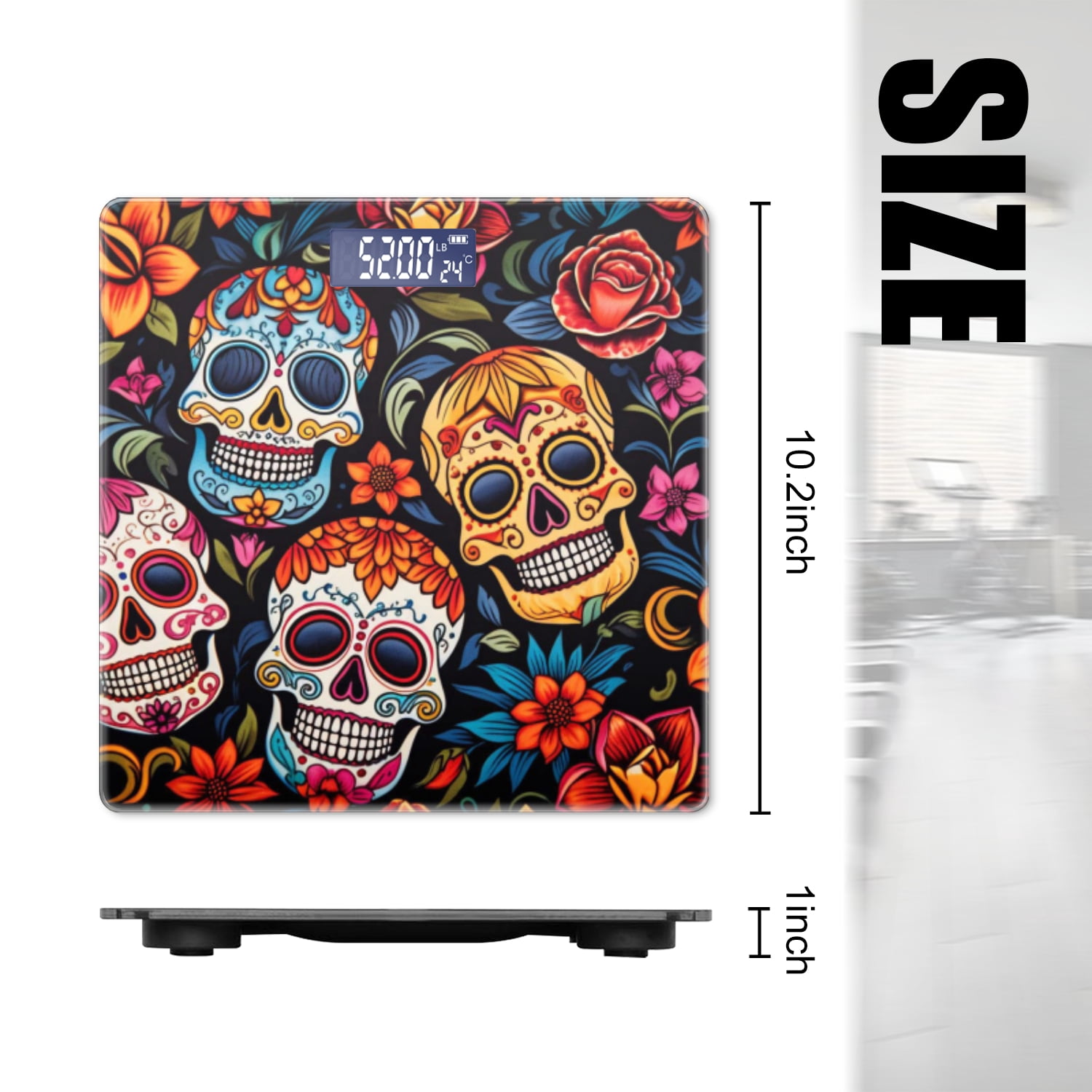 High Precision Body Weight Scale Smart Bathroom Scales with Large LCD Display(400lbs),Decorative for Bedroom-Mexican Skulls With Floral Designs On Black Background