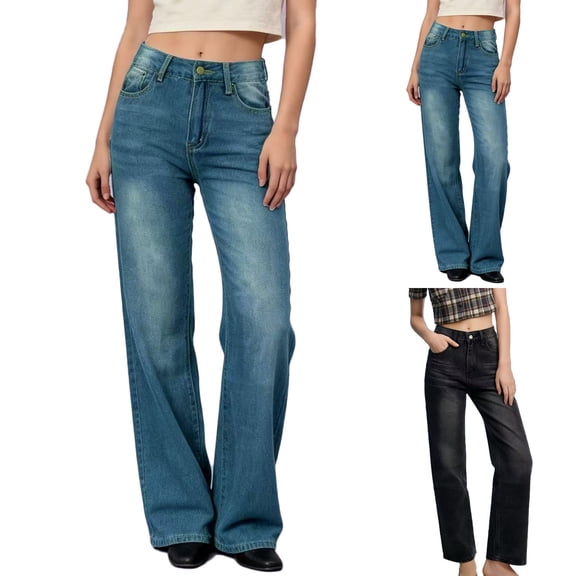 YTCAMLO Straight Leg Jeans for Women Classic Stretchy Relaxed Fit Denim Pants with Pockets Baggy High Waisted Trousers