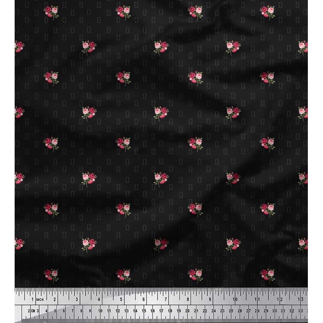 Soimoi polyester Crepe Fabric Boxes,Leaves & Rose Floral Fabric Prints By Yard 52 Inch Wide