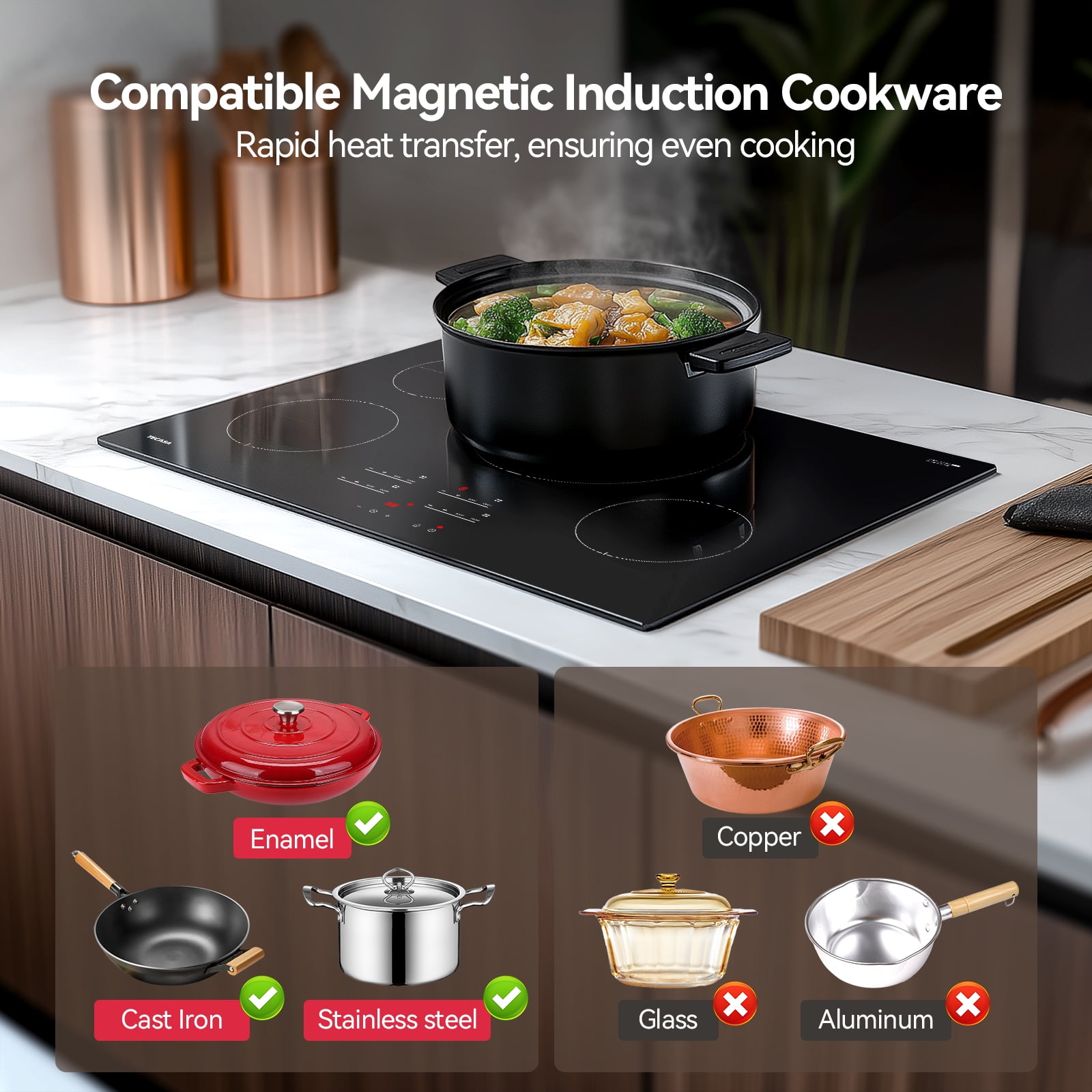Tecasa 30 Inch 4 burners Induction Cooktop, 7400 W Built-In Stove Top with Boost Function and Touch Control,Black