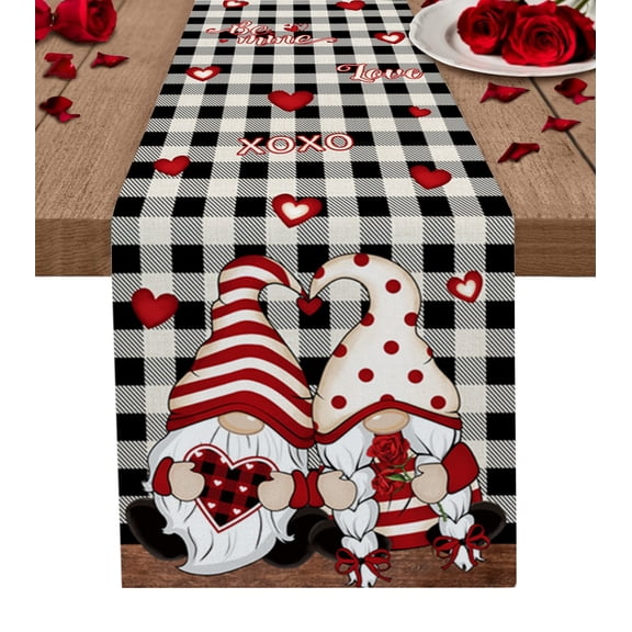 Valentine's Plaid, Table Runner 36 Inches, Saint Gnomes Couple Red Love Black Checkered Bed Runner Dresser Scarves Tabletop for Indoor Outdoor Parties/Ceremony/Banquet, 13"x 36"