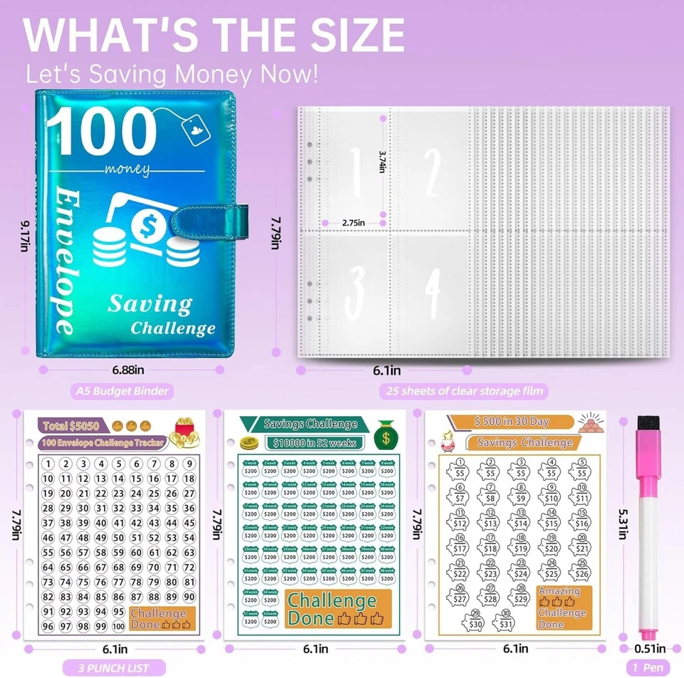 100 Envelopes Money Saving Challenge Binder, A5 Money Saving Book, Free Shipping