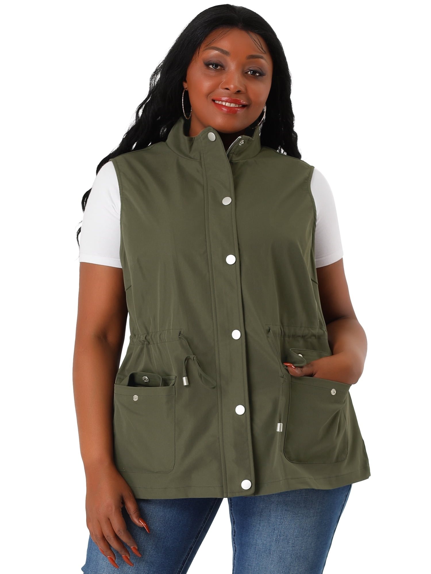 DARING DIVA Women's Plus Size Lightweight Sleeveless Anorak Cargo Vest 5X Army Green