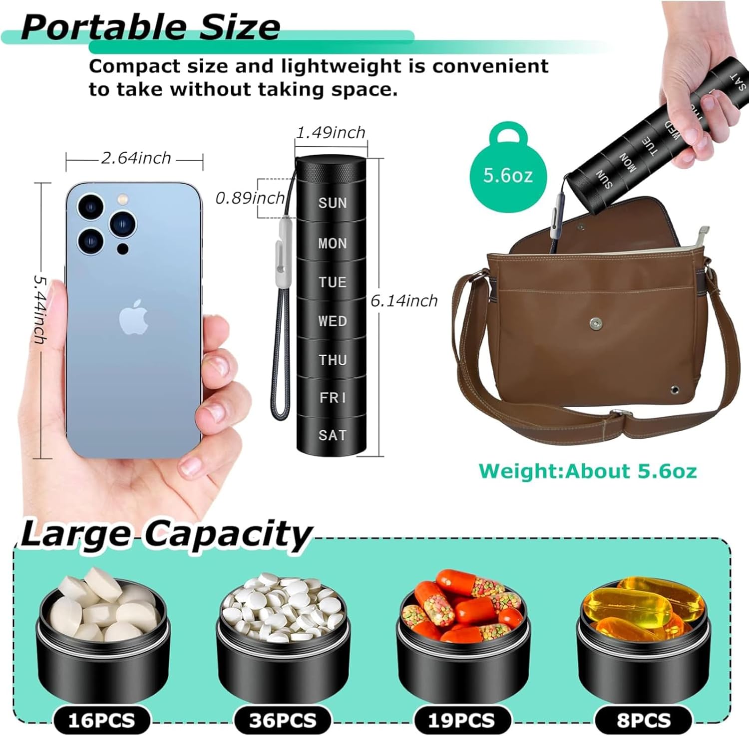 7 Day Pill Organizer Small Travel Size, Weekly Pill Case with Removable Days, Portable Pill Container Waterproof Bpa Free Aluminum Medicine Pill Box, Detachable Daily Pill Holder