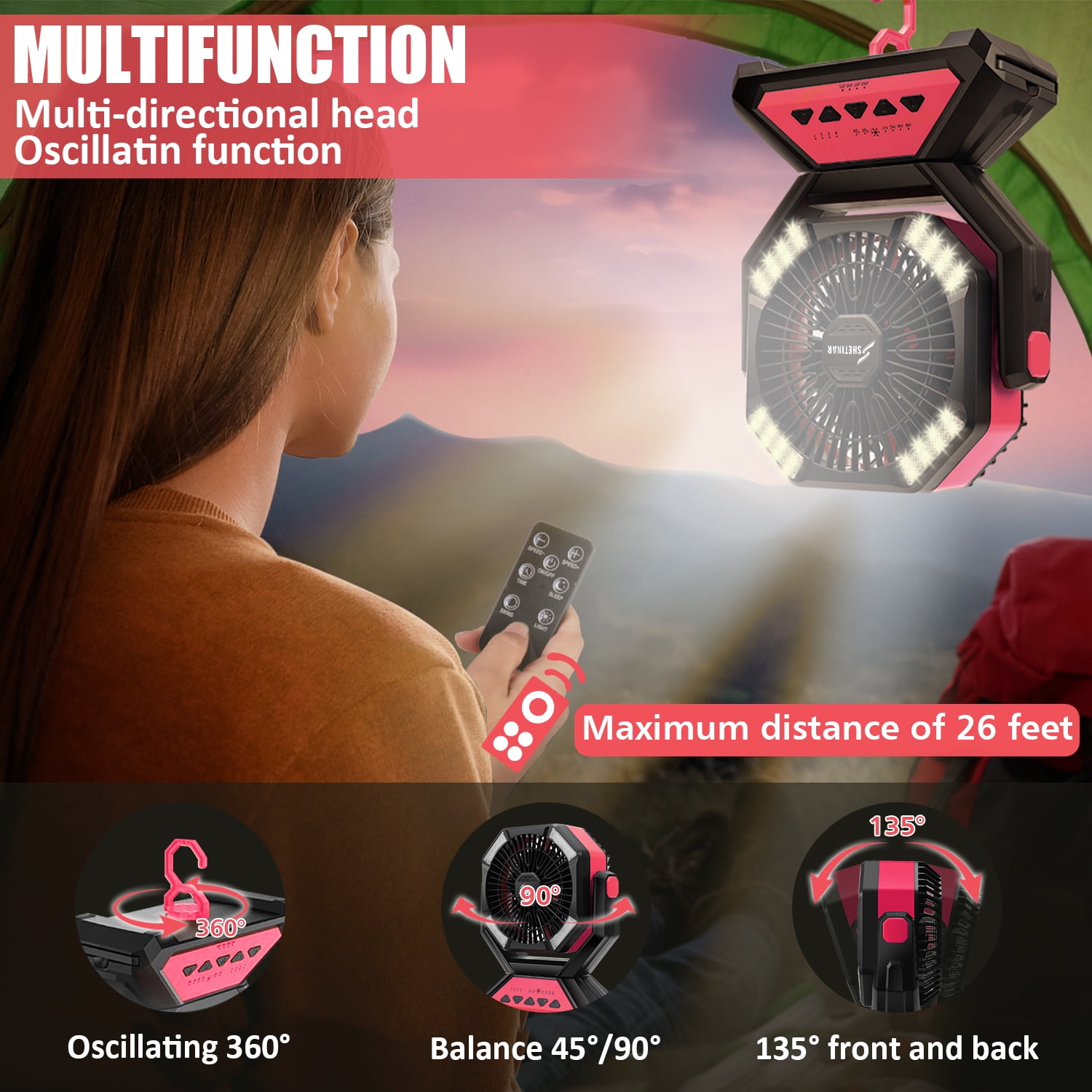 SHETINAR 20000mAh Rechargeable Fan Battery Powered Fan 4-Speed Tabletop Fan with Charging, Hooks, Timer, Portable Fan for Office,Bedroom,Outdoor,Power Outage,Hurricane,Travel.Red
