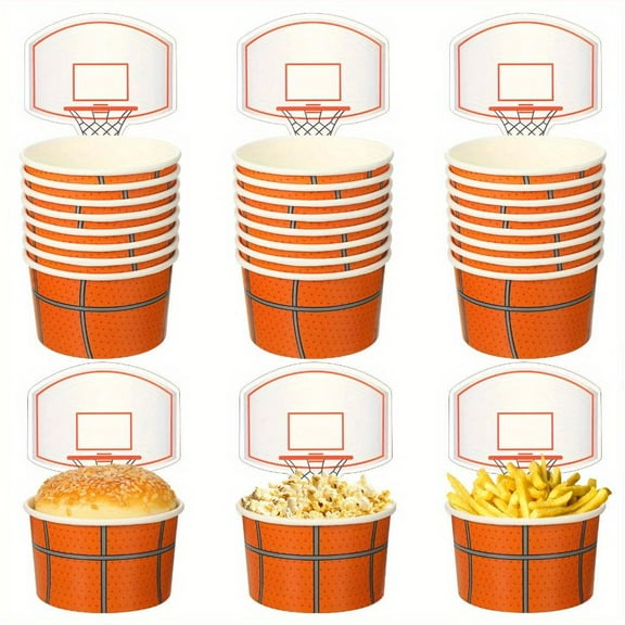 24 PCS Basketball Hoop Snack Cups with Cards 8 Oz Disposable Paper Basketball Party Cups Sports Balls Treat Food Bowls for Balls Birthday Party Favors Decorations Supplies