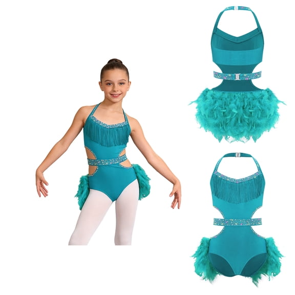 iiniim Girls Rhinestone Sleeveless Ballet Skirted Bodysuit Feather Jazz Latin Dance Leotard Performance Dancewear Turquoise 12