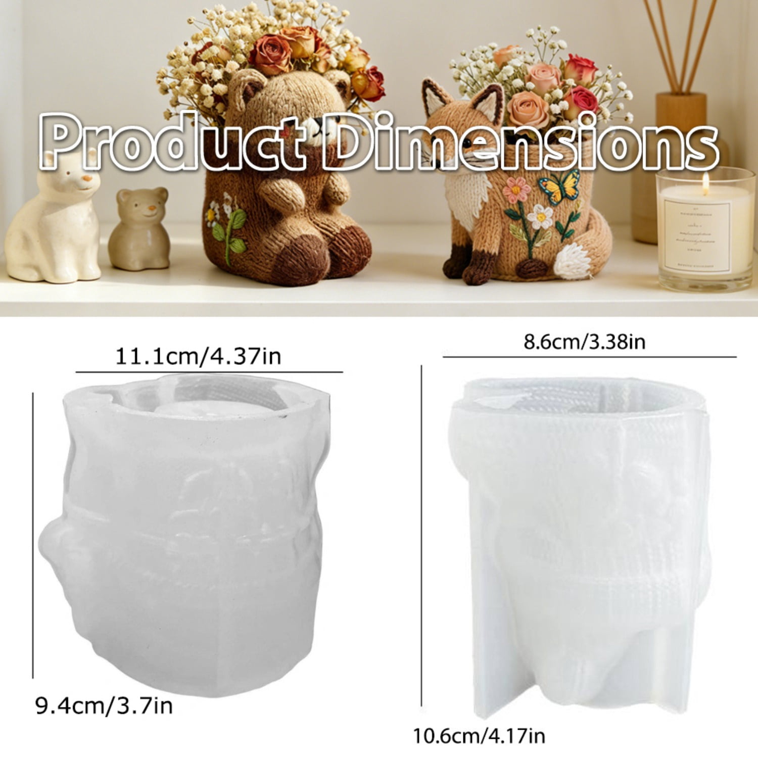 2 Pcs Knitted Fox & Bear Flower Pot Silicone Resin Mold, 3D Cute Animal Shaped Mold for Concrete Cement Plaster Clay, DIY Planter Storage Jar Epoxy Mold for Home Decor Craft