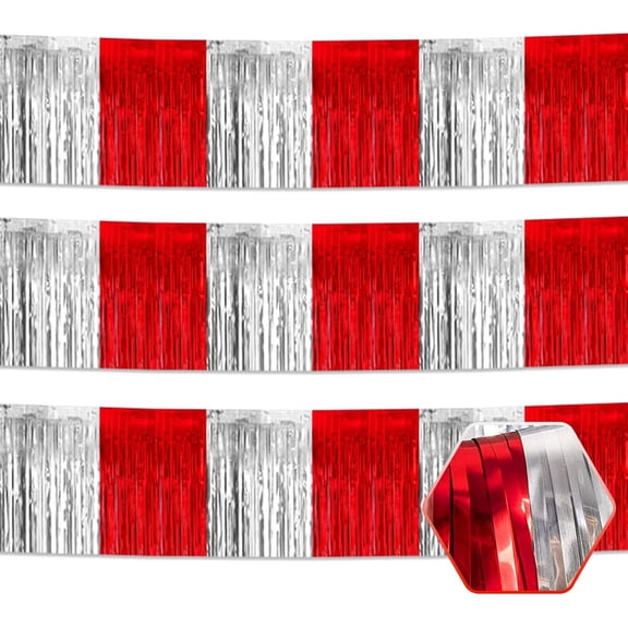 3 Pack 10 Feet Red Silver Foil Fringe Garland Metallic Tinsel Streamers Banner Wall Hanging Curtain Backdrop for Parade Floats, Christmas Day, Thanksgiving, Birthday Party Decorations