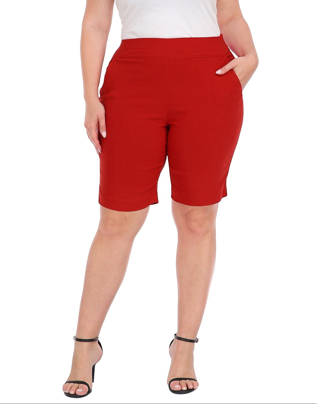 HDE Plus Size Bermuda Shorts Mid Rise 10" Inseam Pull On Shorts with Pockets Red 3X