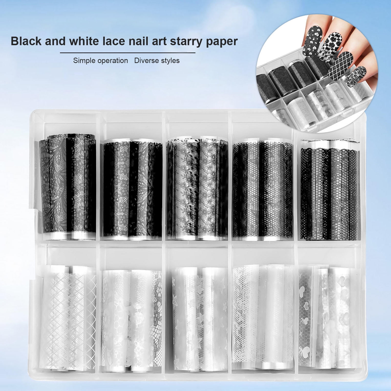LAZIOEGR 2‑Pack 10‑Grid Nail Foil Transfer Stickers – Black & White Lace, Floral & Star Designs, Easy DIY, Non‑Toxic, Gift‑Ready