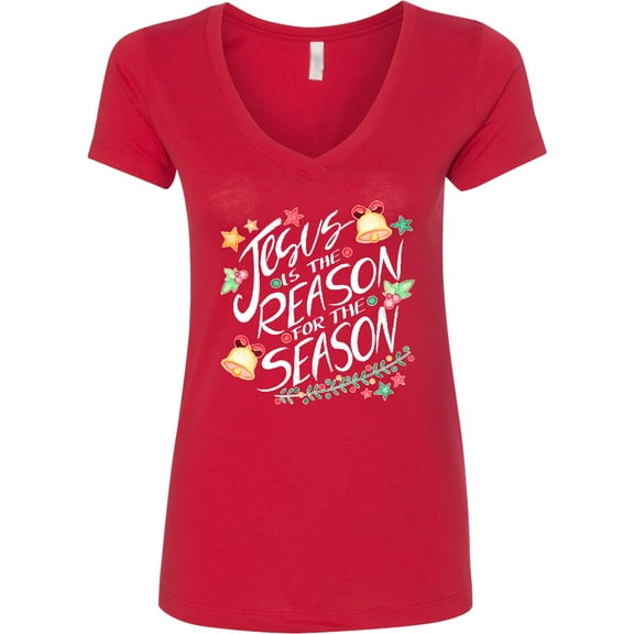 Inktastic Jesus is the Reason for the Season Christmas Bells and Stars Women's V-Neck T-Shirt