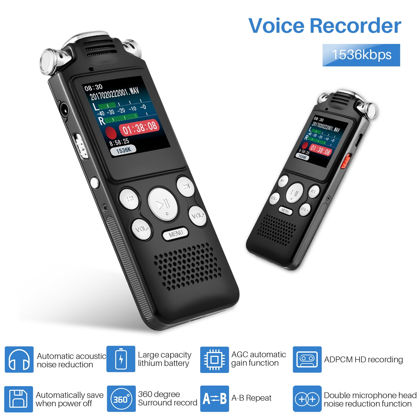 Andoer 8GB Voice Recorder Noise Cancelling Audio Recorder Double Microphone for  Voice Activated Recording Metal Case