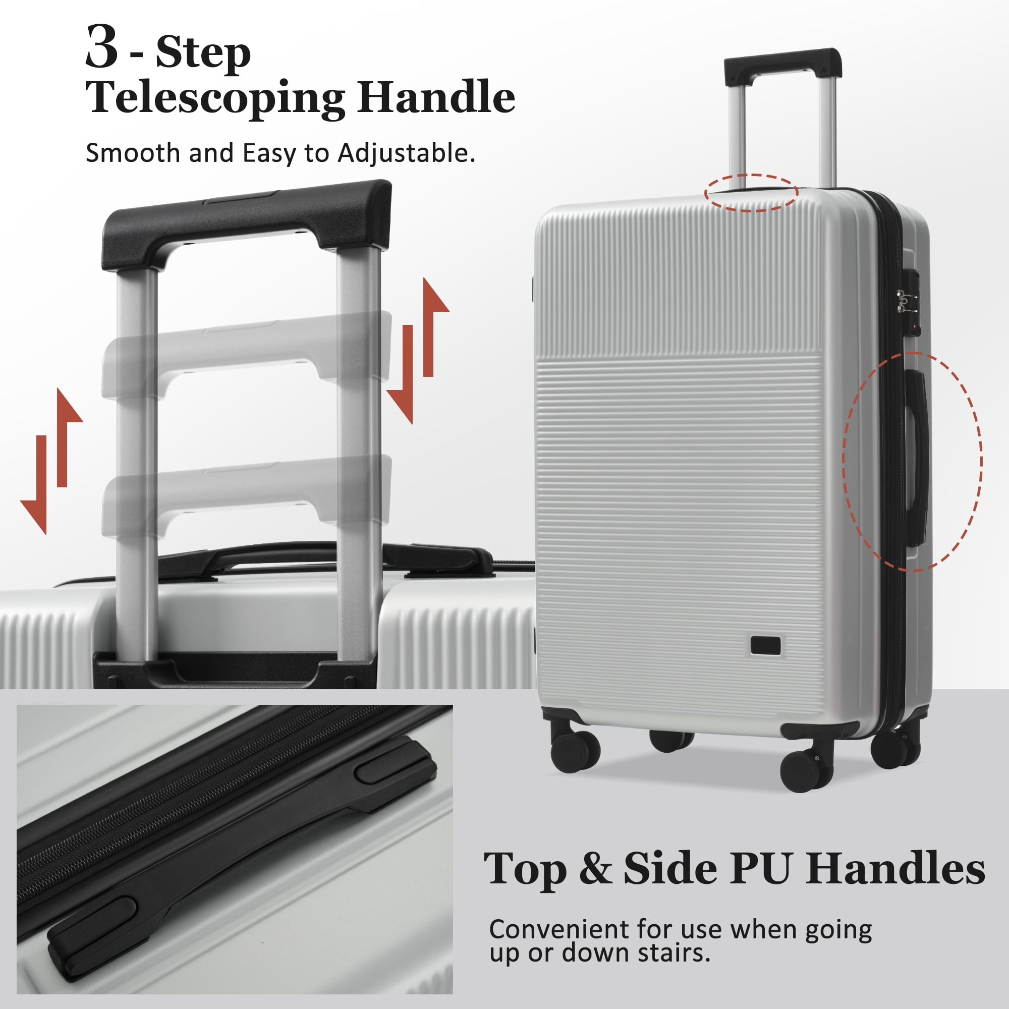 Euroco 5 Piece Luggage Sets, 20" Carry-On Luggage with Half-Opening & USB Port, 20/24/28inch Lightweight Travel Suitcase Set with TSA Lock, Double Spinner Wheels & 2 Travel Duffel Bags,Silver