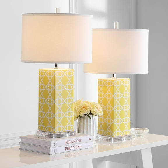 Safavieh Quatrefoil 15" Contemporary Ceramic Table Lamp, Yellow/White, Set of 2