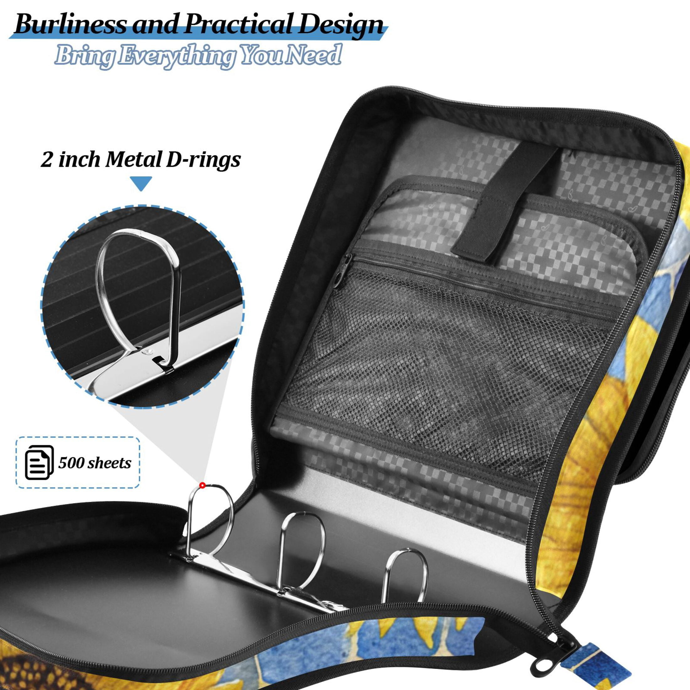 Sunflowers and Blue Honeycomb Binder Bag with Shoulder Strap 3 Ring Zipper Binder File Folder Document Storage
