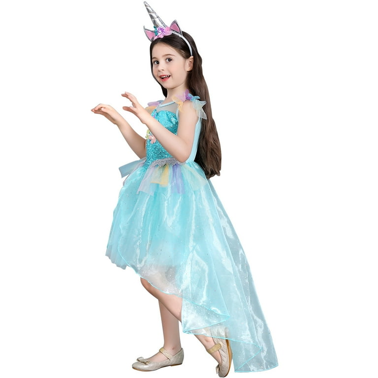 Girls Unicorn Dress Princess Birthday Wedding Party Dress with Headband