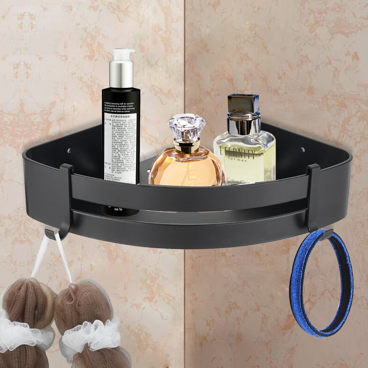 Shower Corner Caddy Bathroom Shower Corner Shelf with Two Hooks, Self