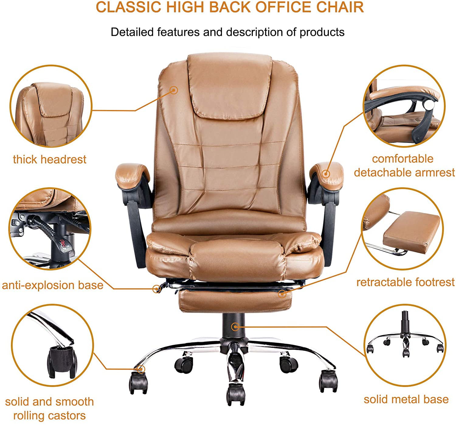 Ergonomic Executive Office Chair, PU Leather Swivel Desk Chair,Adjustable  Height High-Back Reclining Chair with Padded Armrest and Footrest -  