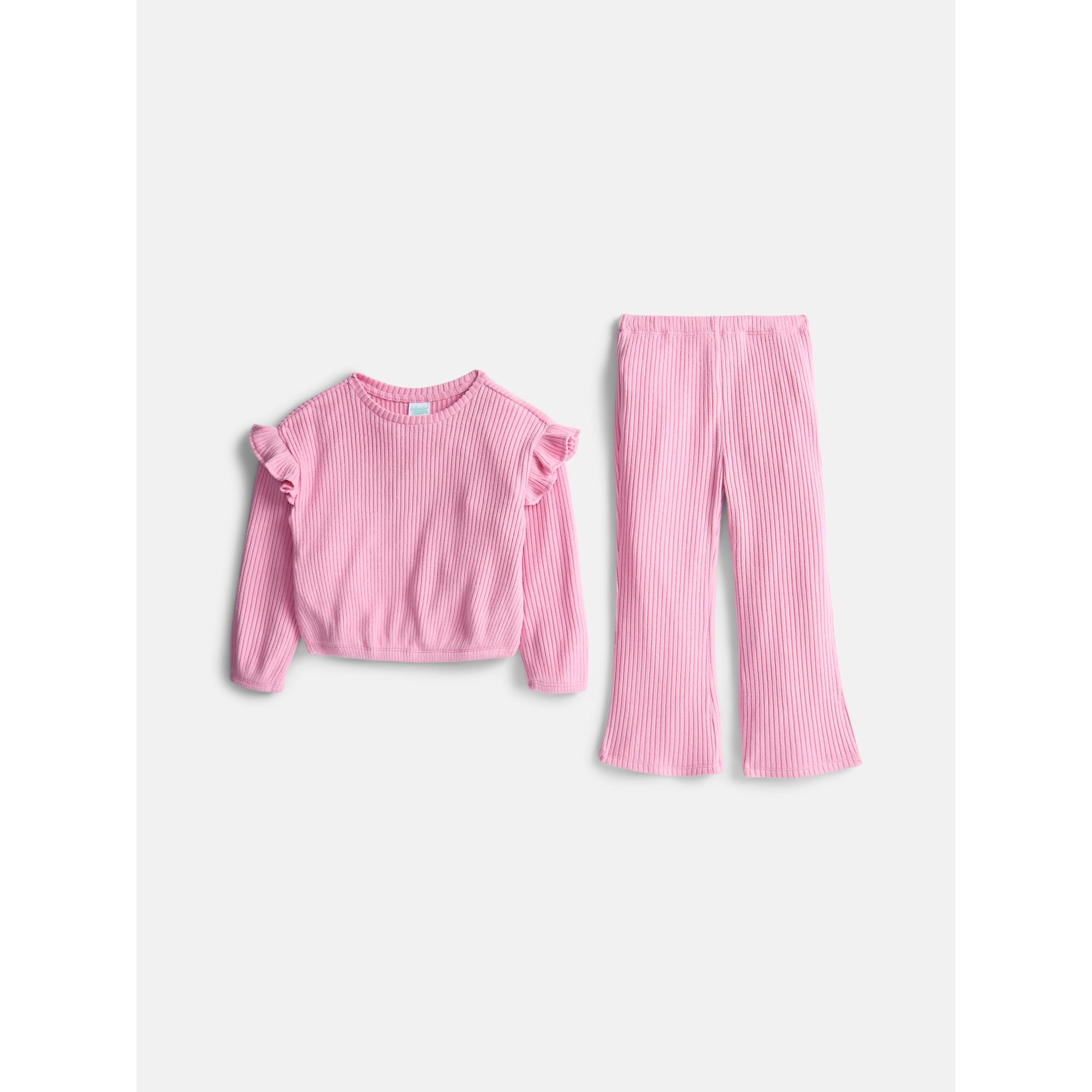 Wonder Nation Toddler Girls' Ribbed Top and Wide Leg Pants Set, 2-Piece, Sizes 12M-5T